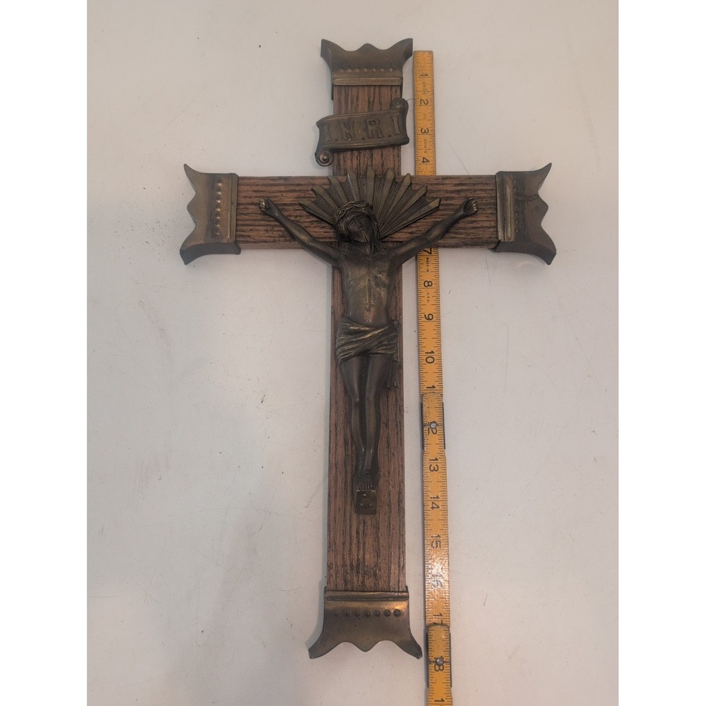 INRI Crucifix Wall Hanging Cross, Wood w/ Brass Christ Jesus 18 Inches Vintage